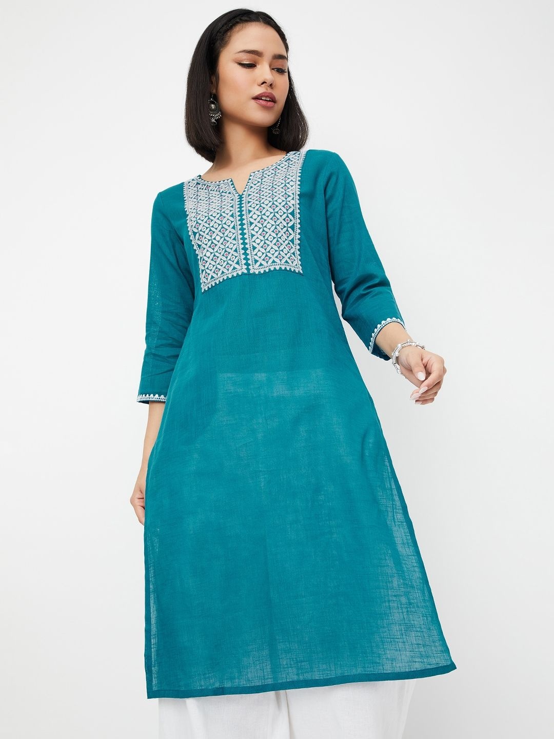 

max Floral Yoke Design Notch-Neck Embroidered Cotton Straight Kurta, Blue