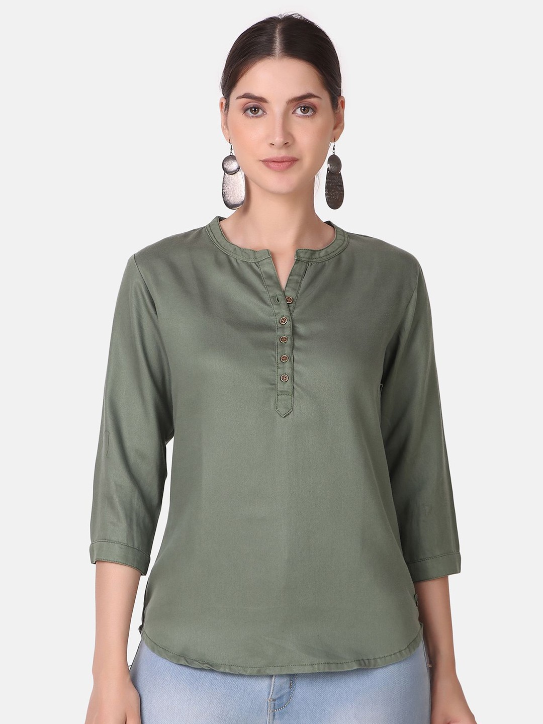 

Pose india Mandarin Collar Cotton A-Line Top, Green
