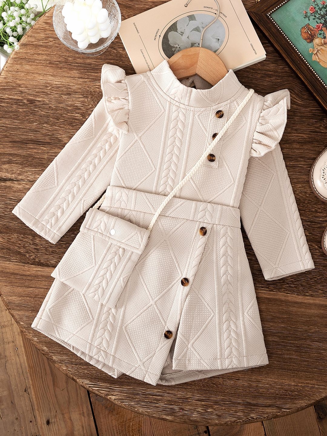 

YK Girls Woolen Texture Top With Skorts, Off white