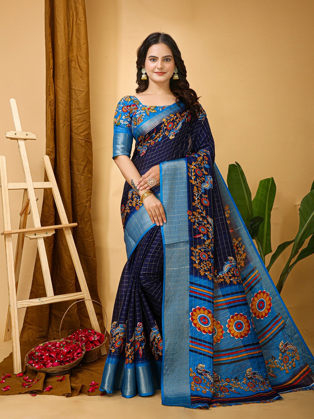 

LeeliPeeri Designer Floral Printed Woven Design Zari Saree, Navy blue