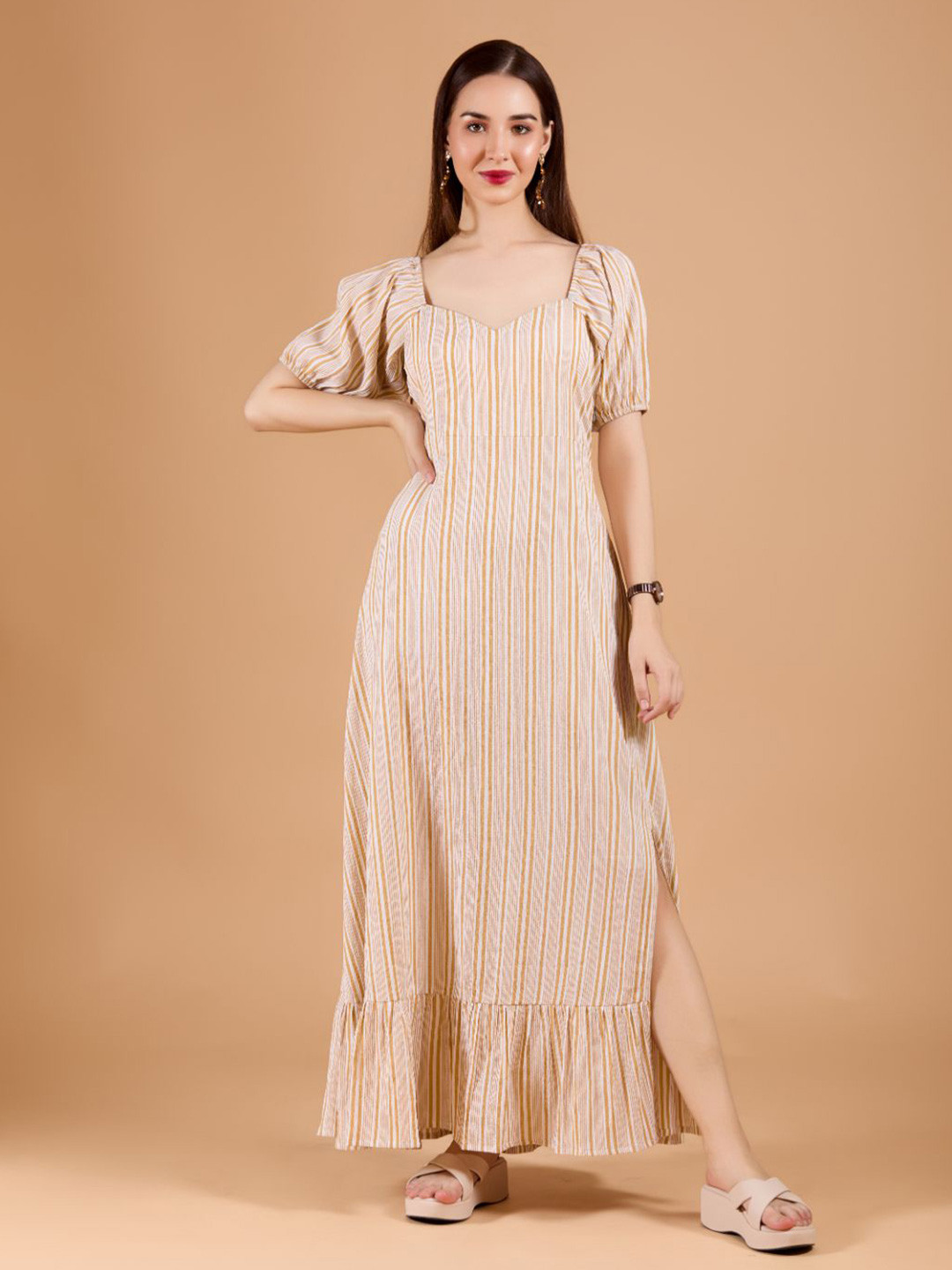 

DressBerry Women Striped Ankle Length Dress, Beige