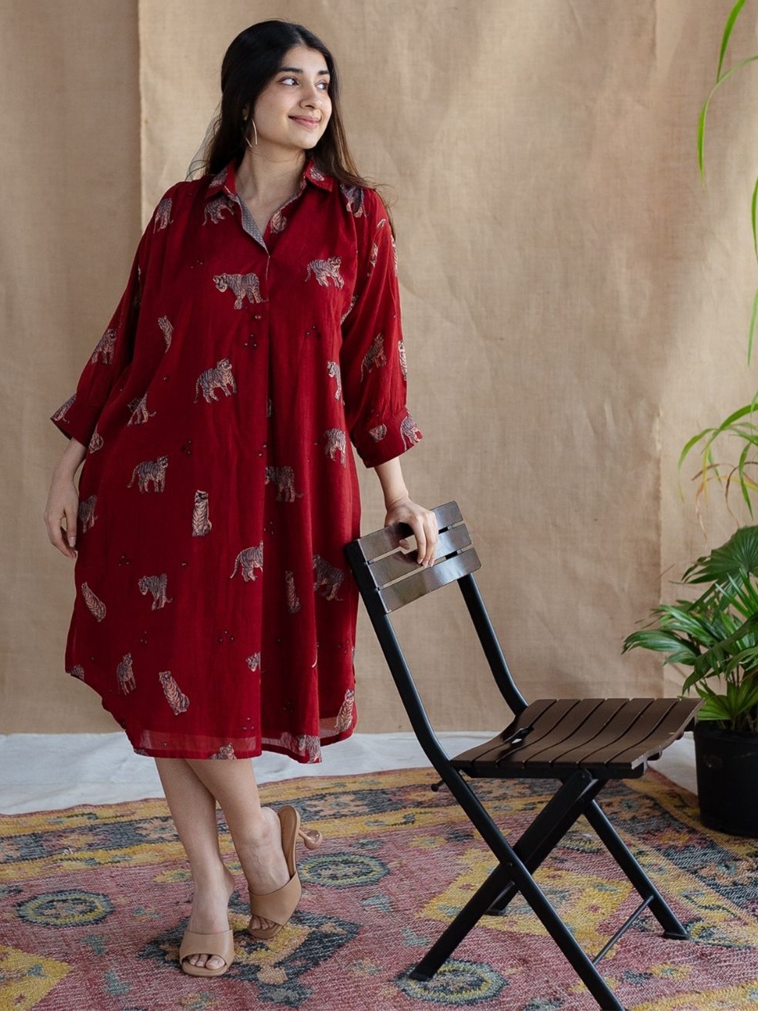 

THE INDIAN ETHNIC CO Women Printed Cotton A-Line Dress, Red
