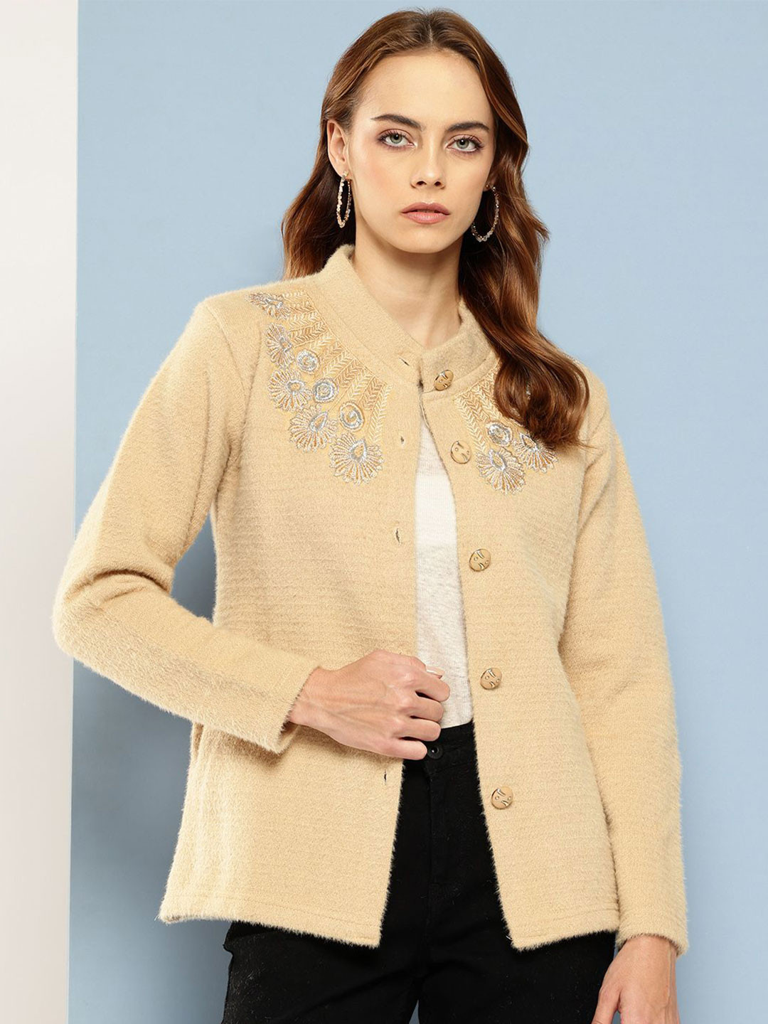 

BAESD Women Embroidered Woollen Cardigan, Beige