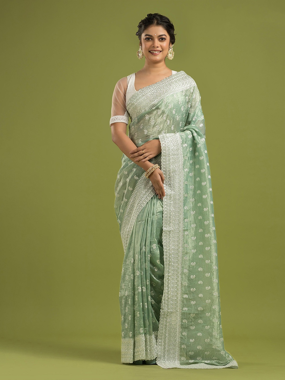 

Dheu Paisley Organza Designer Saree, Green