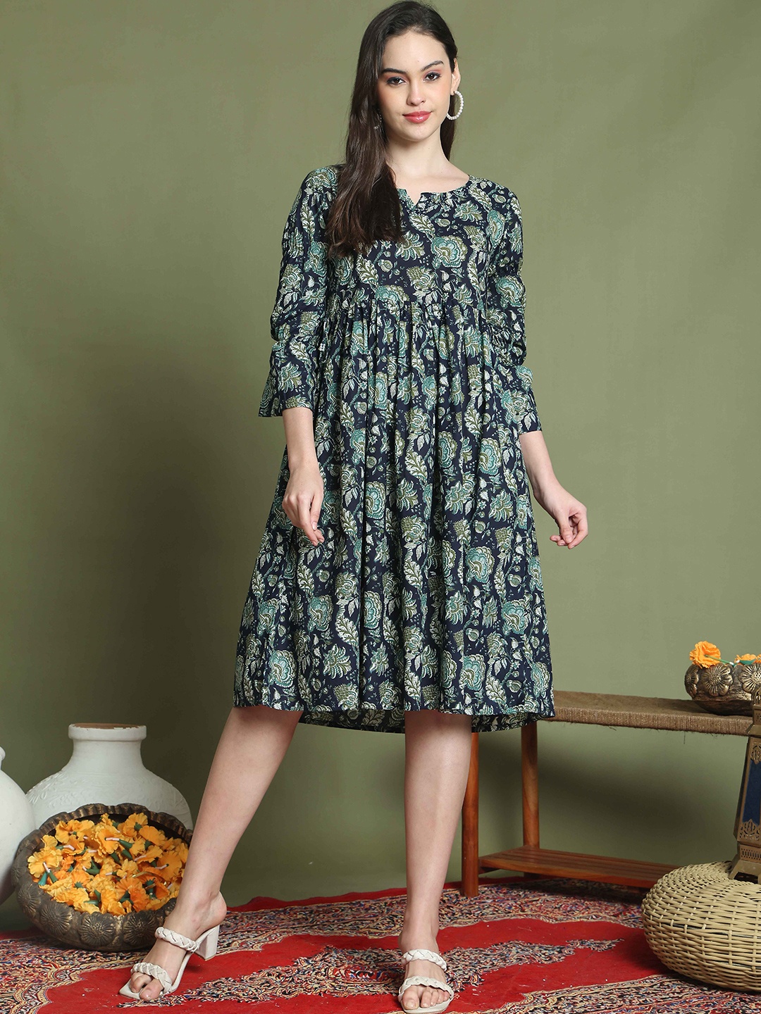 

Roly Poly Floral Print A-Line Dress, Navy blue