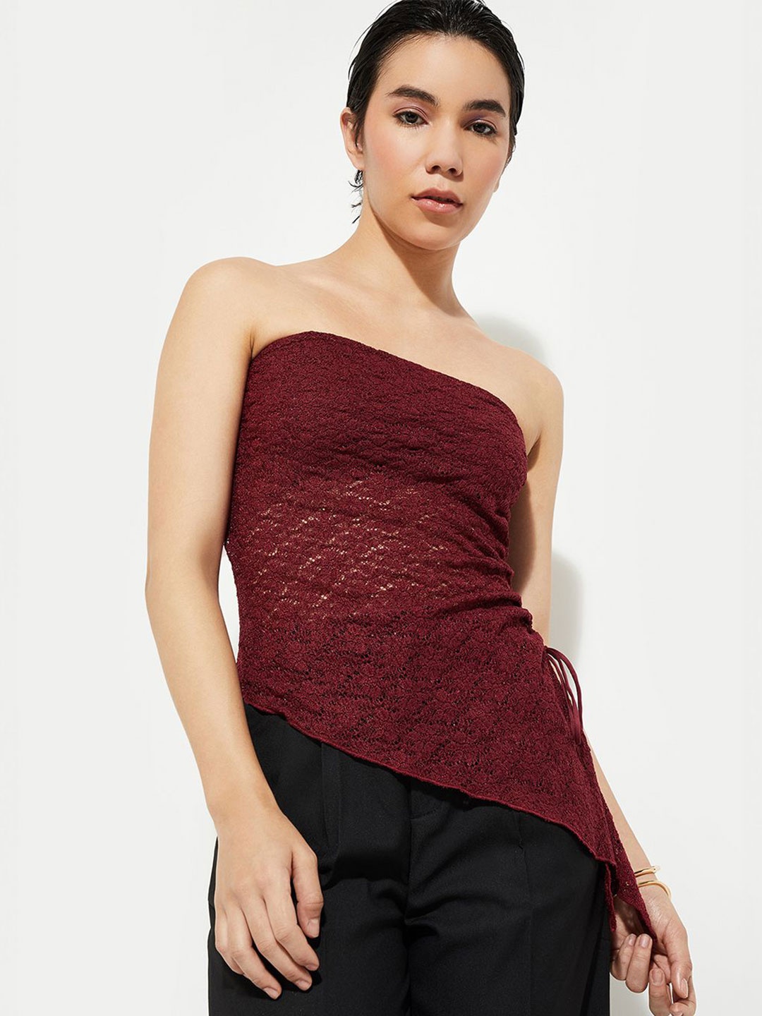 

MAX URB_N Women Lace Asymmetric Top, Maroon