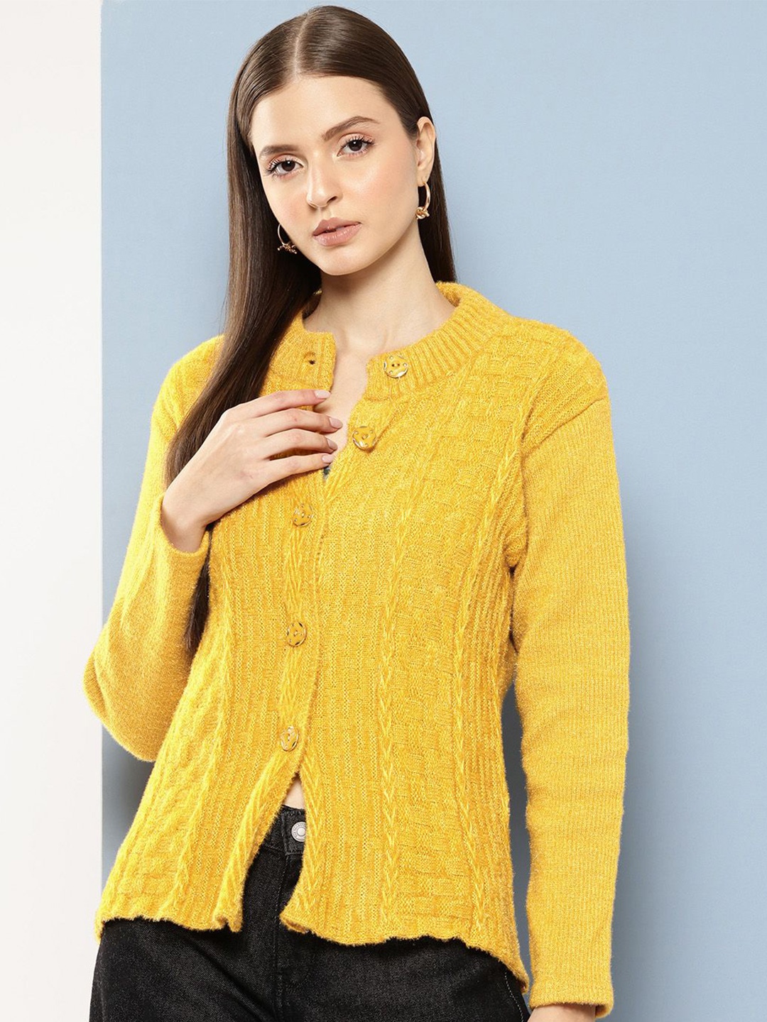

BAESD Women Cable Knit Woollen Cardigan, Yellow
