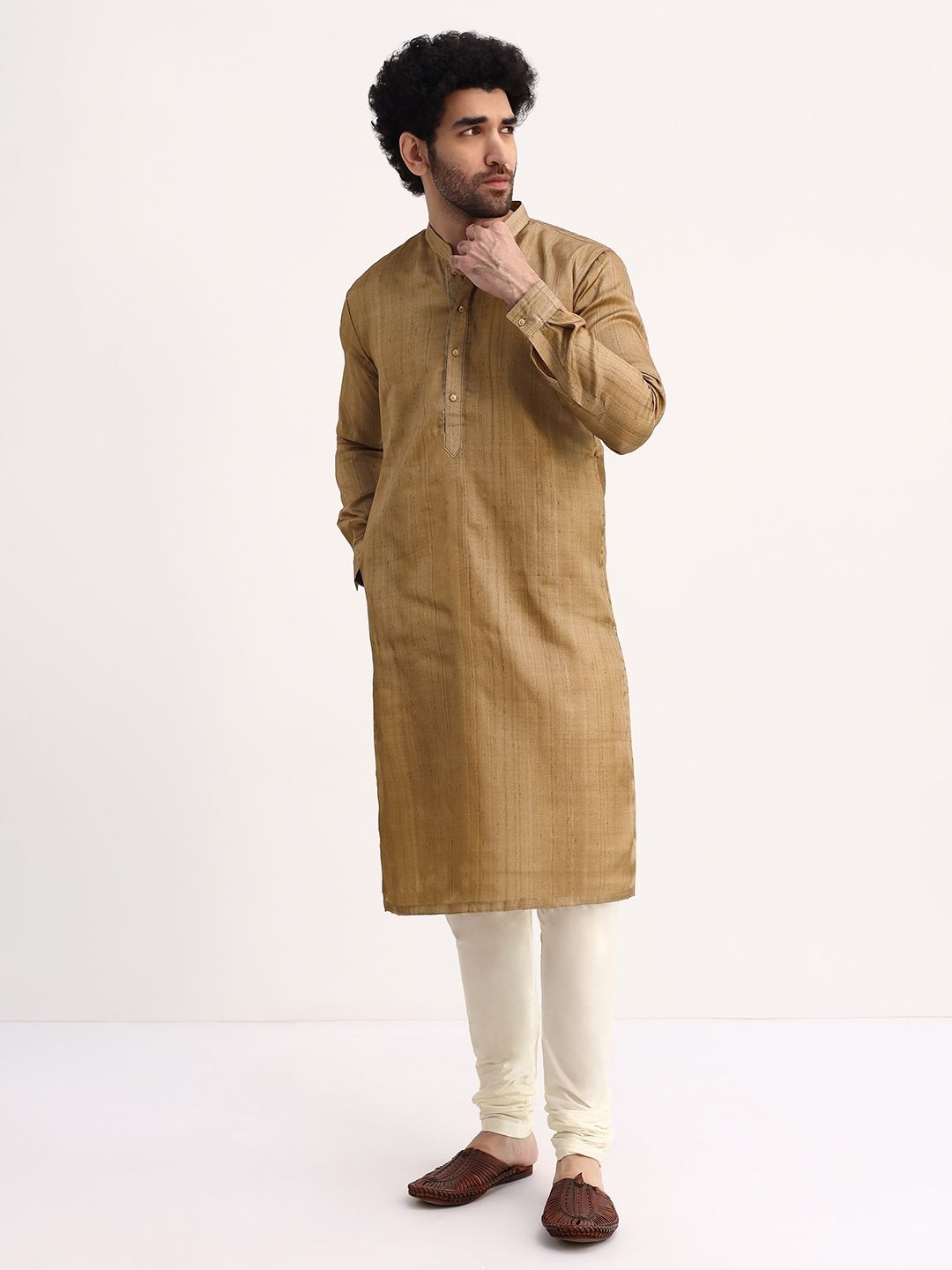 

KALKI Fashion Mandarin Collar Roll-Up Sleeves Straight Kurta With Churidar, Brown