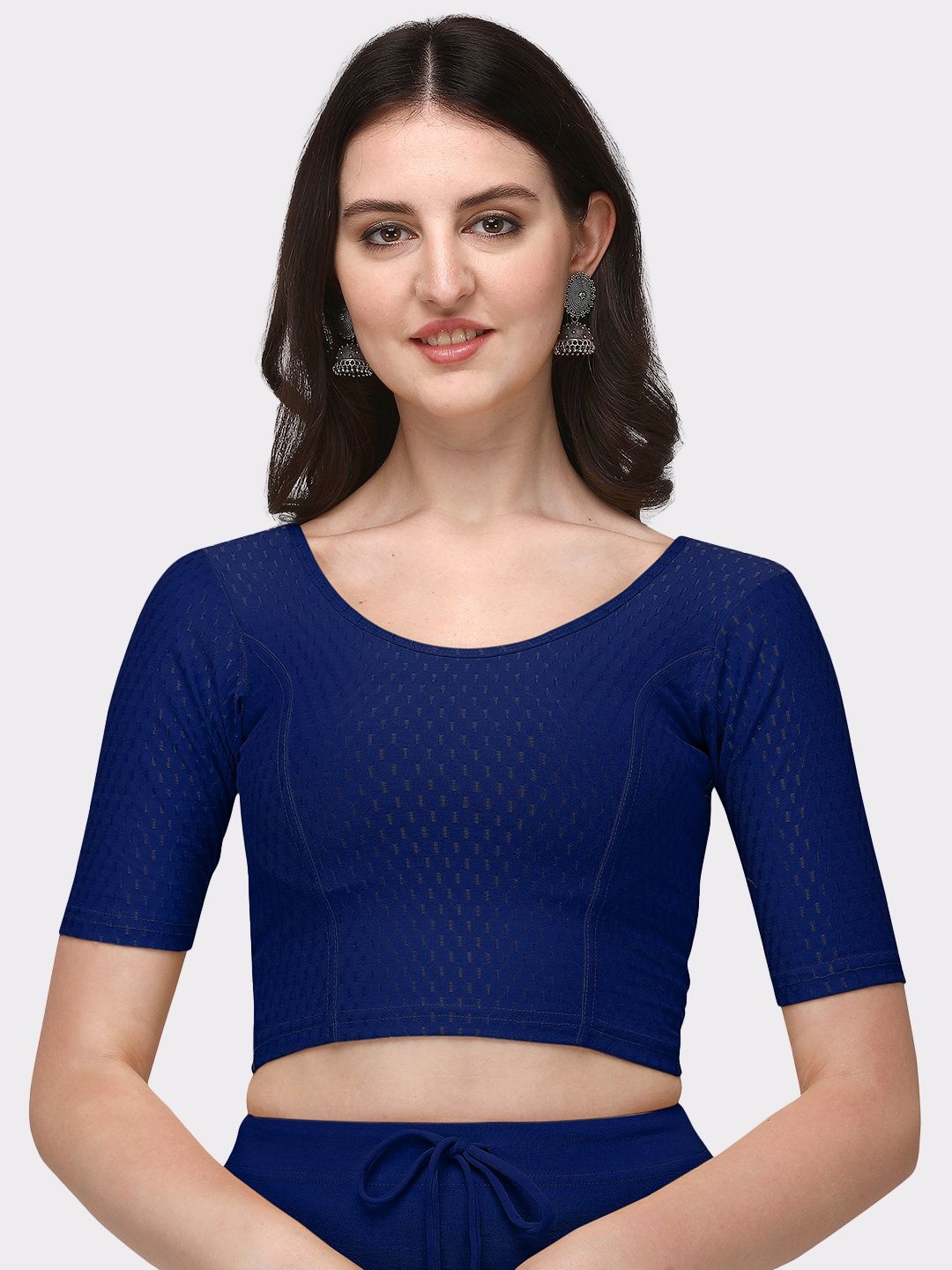 

Krimmple Printed Round Neck Saree Blouse, Blue