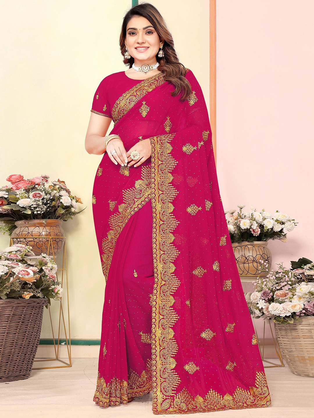 

KHRITI FAB Women Floral Embroidered Pure Georgette Saree, Pink