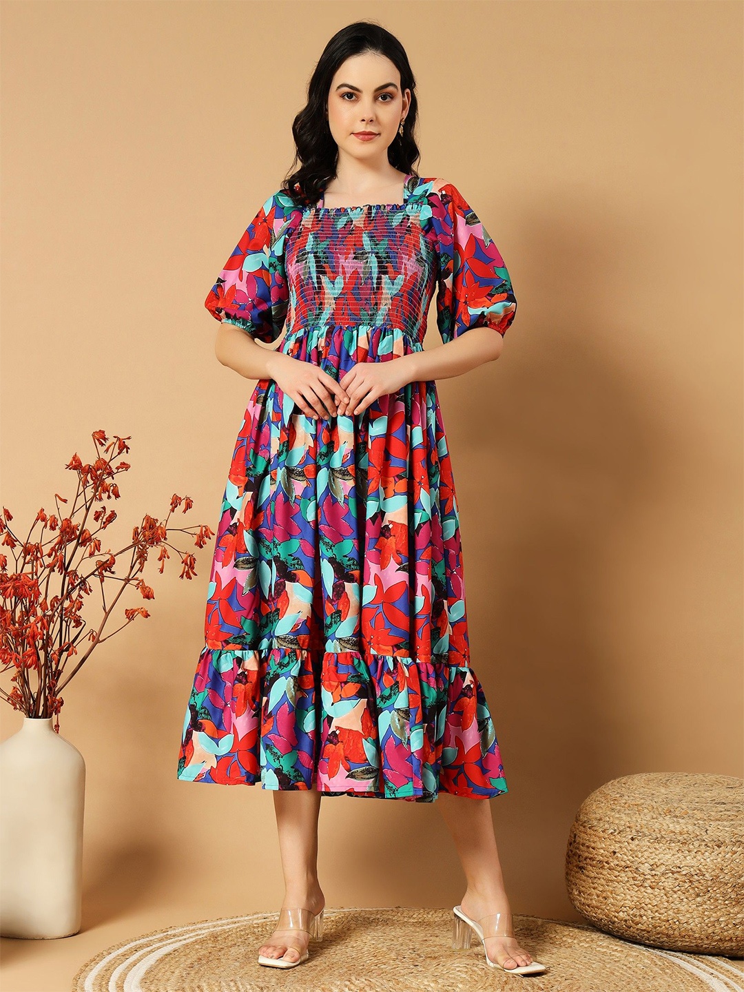 

Femvy Floral Printed Smocked Crepe Fit & Flare Dress, Red