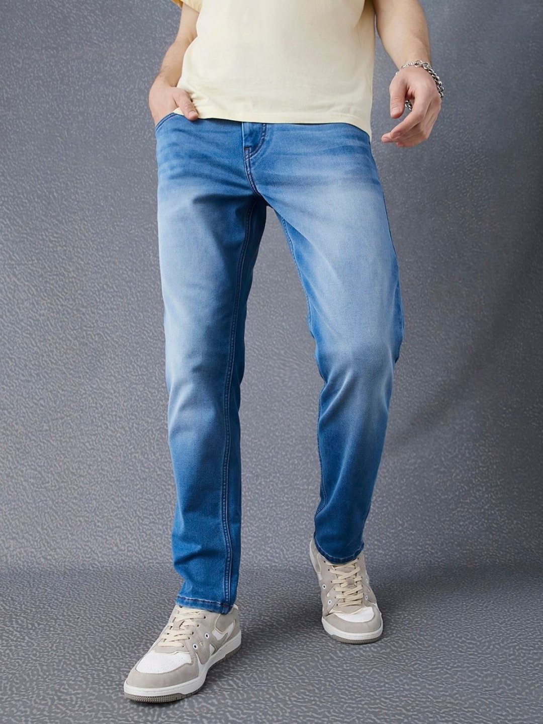 

VOLTEDGE Men Comfort Slim Fit Low Distress Heavy Fade Stretchable Jeans, Blue
