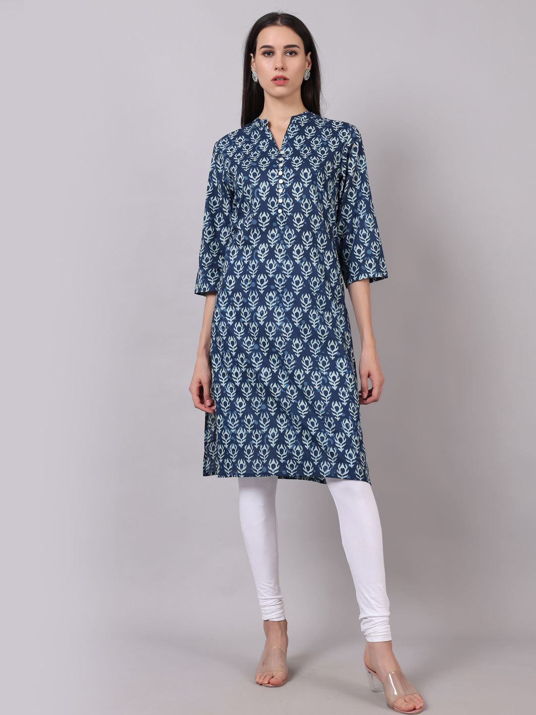 

Jaamso Royals Floral Printed Mandarin Collar Neck Ethnic Straight Kurta, Navy blue