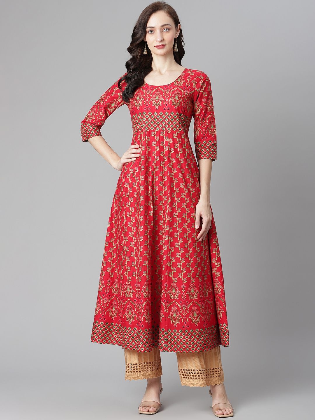 

JMD Hosiery Women Floral Printed Cotton Anarkali Kurta, Red
