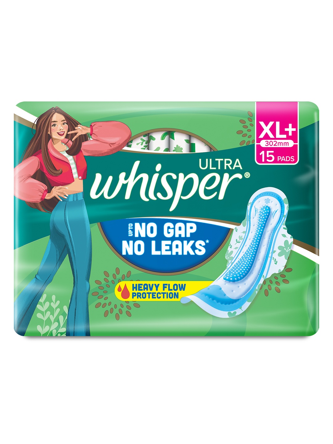 

Whisper Ultra Clean XL+ Sanitary Pads - 15 Pads, Green