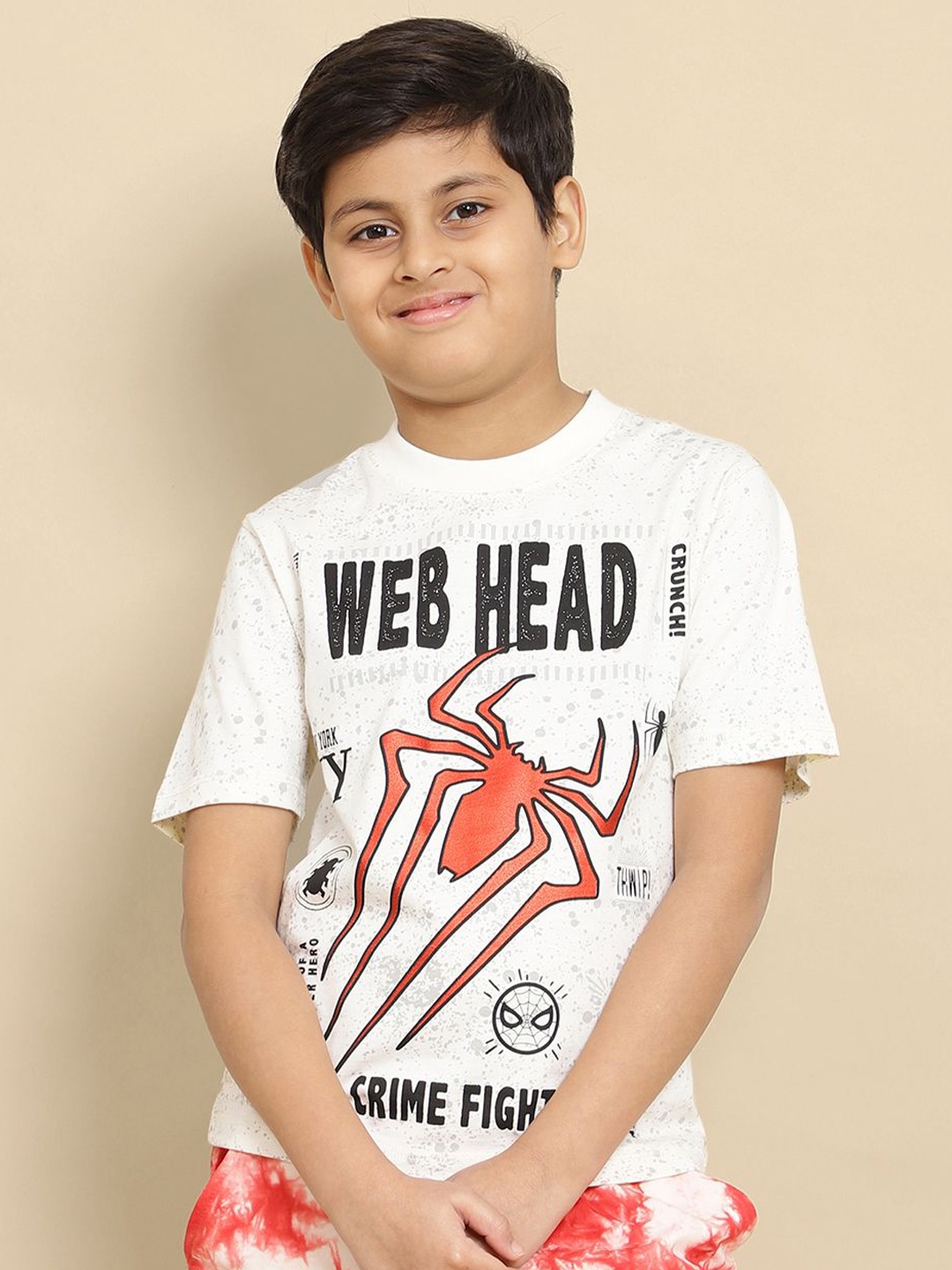 

Kids Ville Boys Spider-Man Graphic Printed Round Neck Cotton T-shirt, Off white
