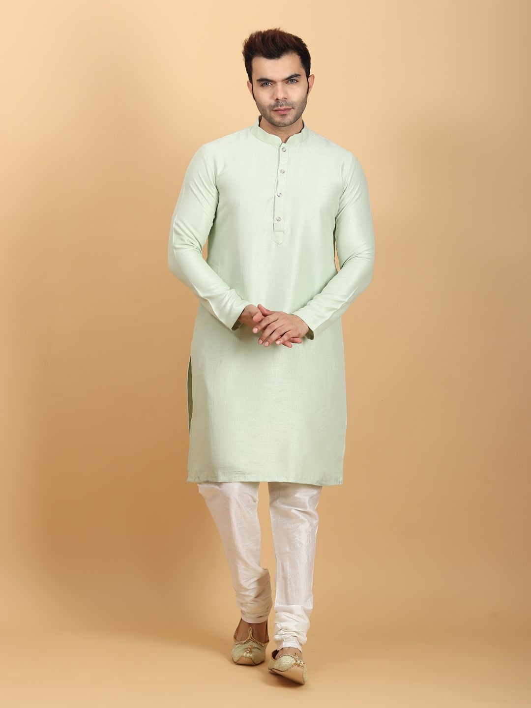 

Ethluxis Mandarin Collar Long Sleeves Straight Kurta With Churidar, Sea green