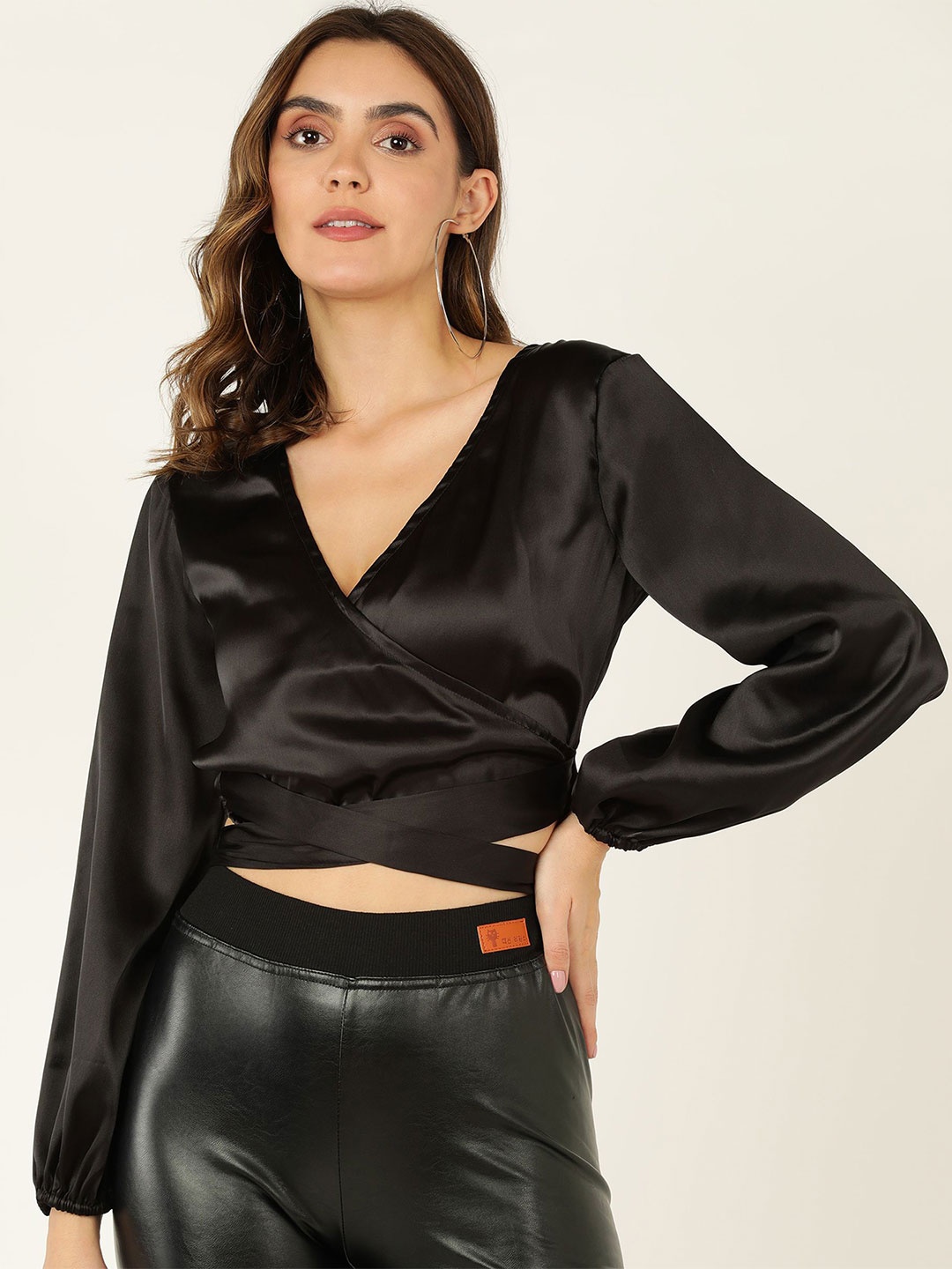 

MISS HAUTE Women V-Neck Puff Sleeve Satin Wrap Crop Top With Tie-Ups Details, Black