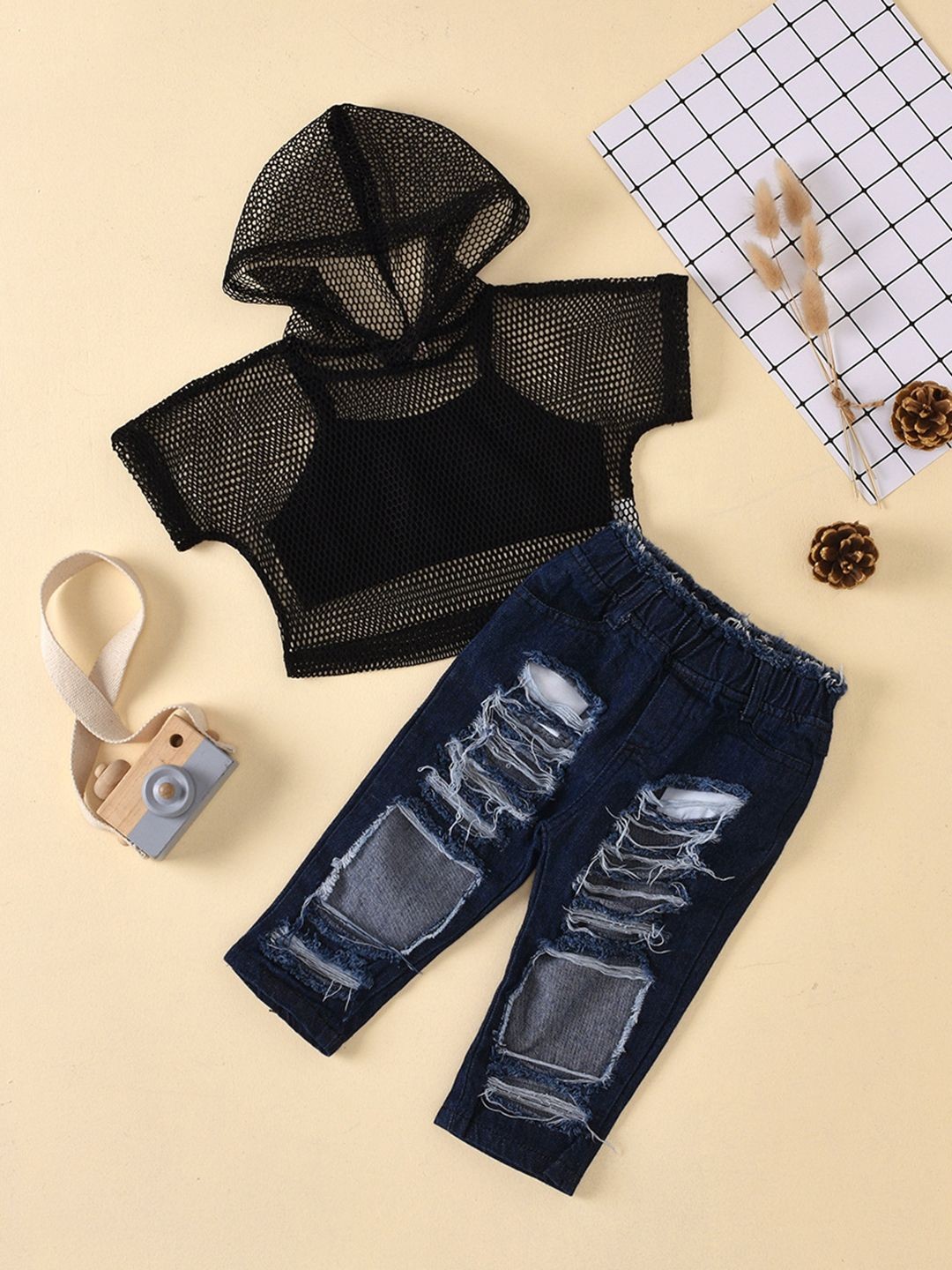 

YK Girls Net Hood Top With Trousers, Black