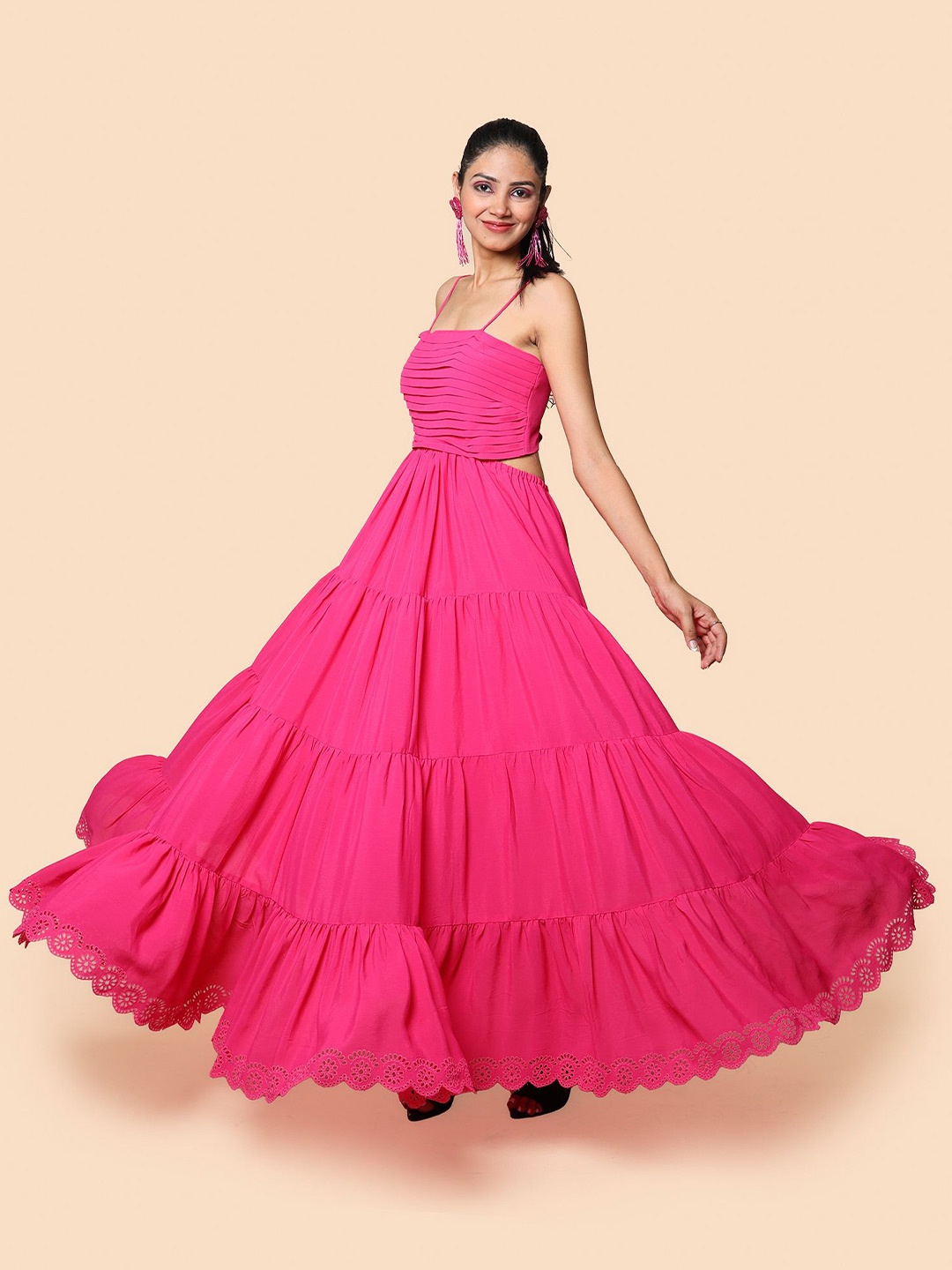 

KELLPAR Women Shoulder Straps Tiered Cut-Outs Maxi Dress, Pink