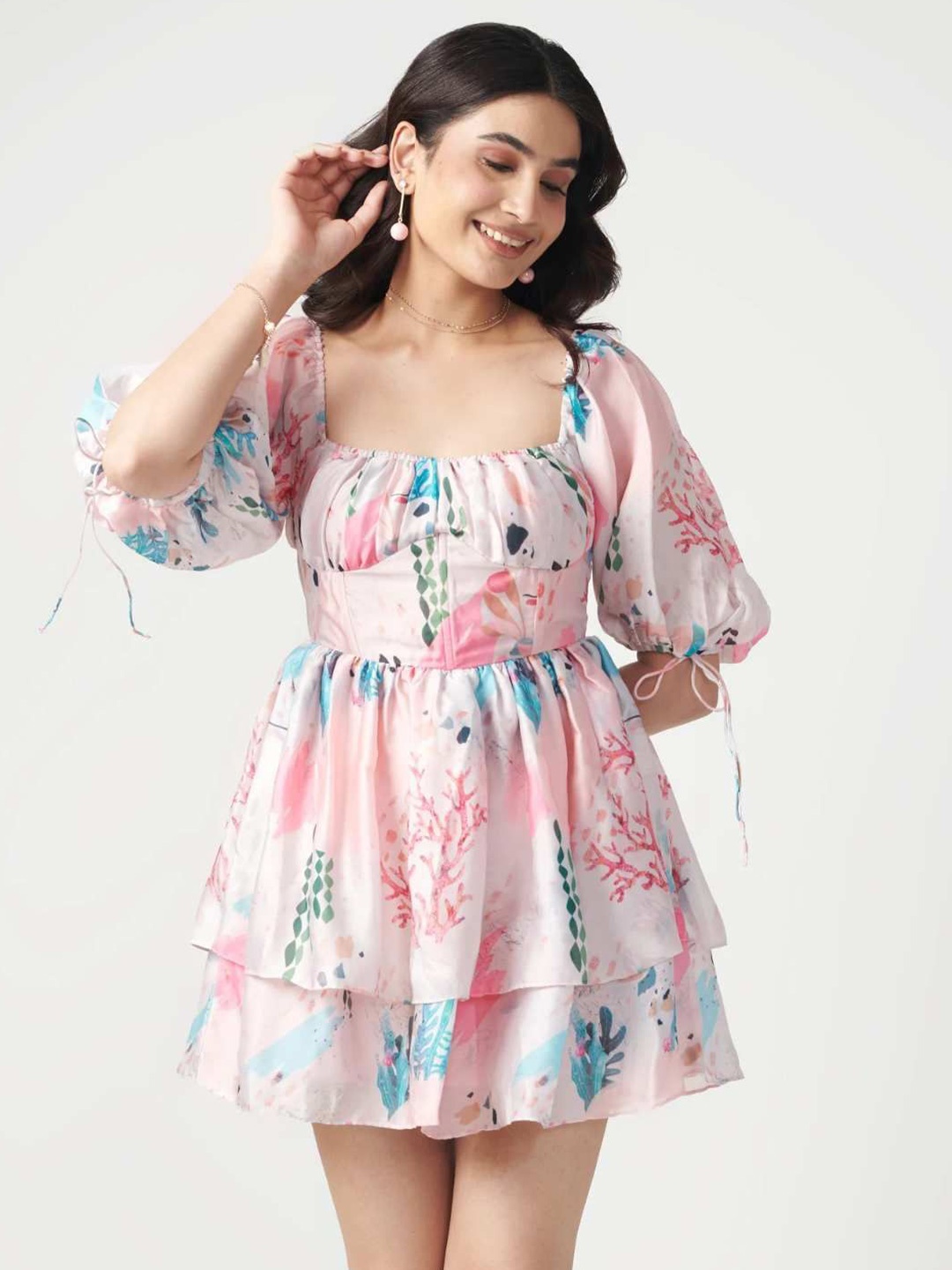 

Seoraa Women Floral Printed Georgette Fit & Flare Mini Dress, Pink