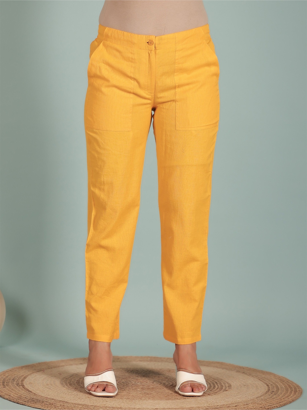 

Aramya Women Regular Fit Mid Rise Cotton Trousers, Yellow