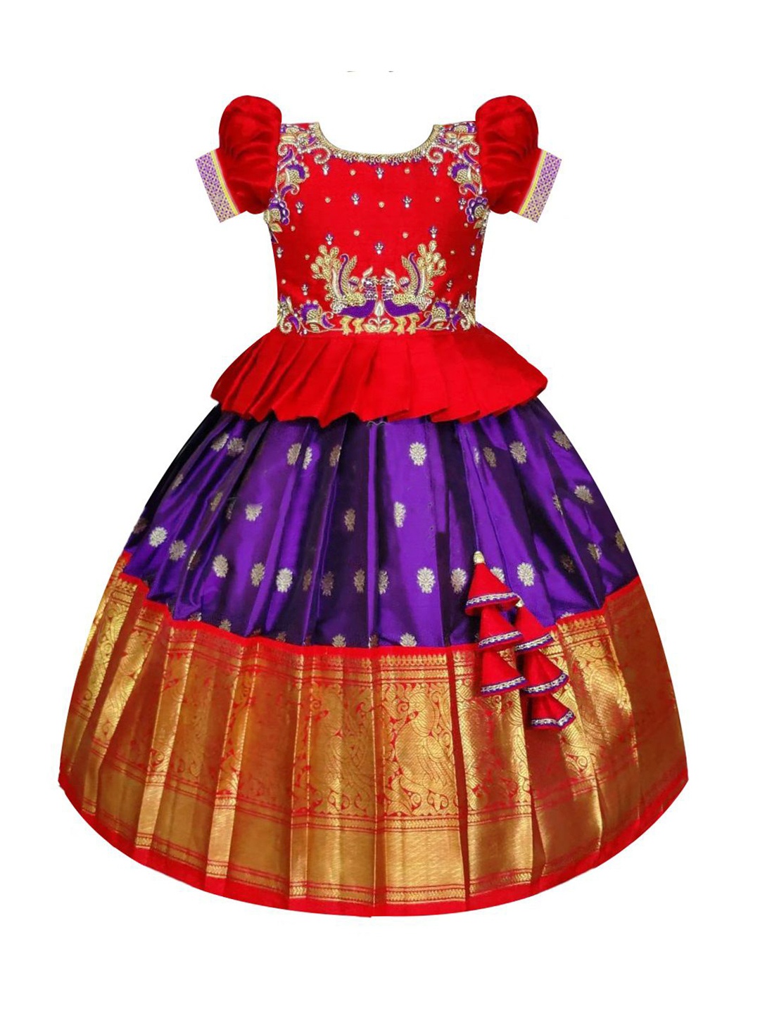 

Wommaniya Impex Girls Embroidered Thread Work Ready to Wear Lehenga &, Red