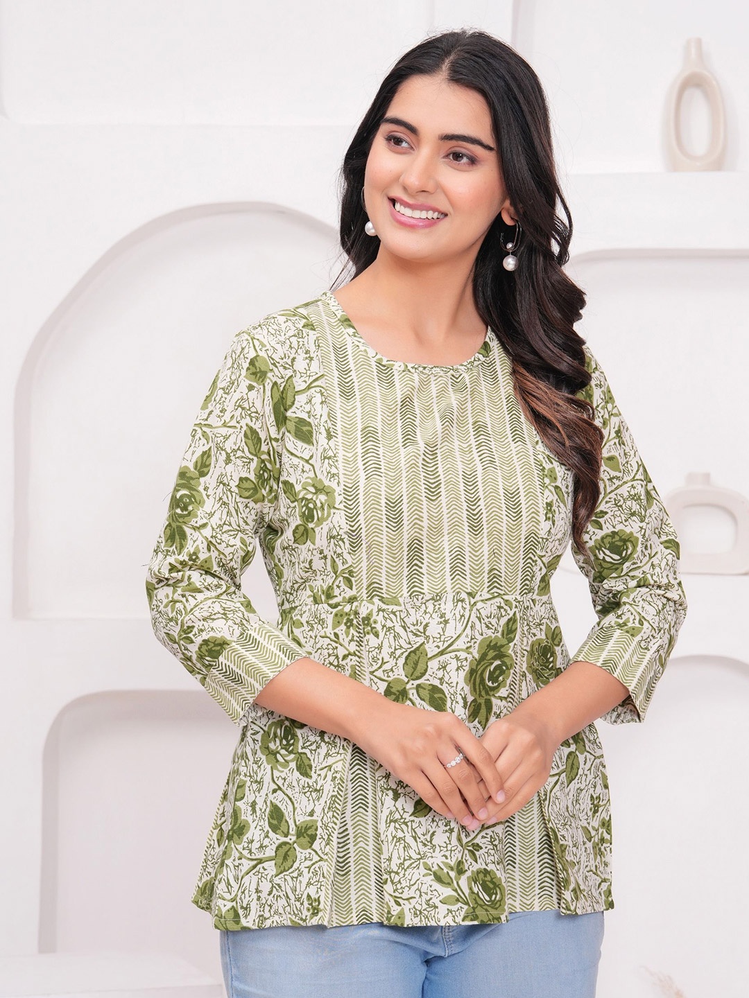 

KALINI Women Floral Printed Cotton Top, Green