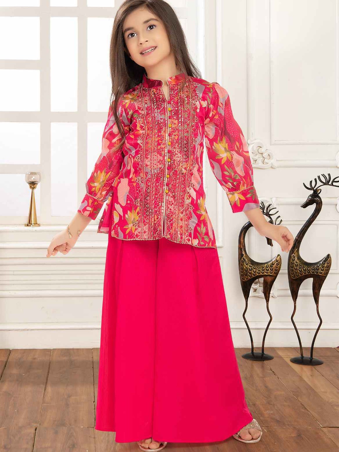 

Lagorii Girls Printed With Sequin Worked Tunic with Palazzos, Pink
