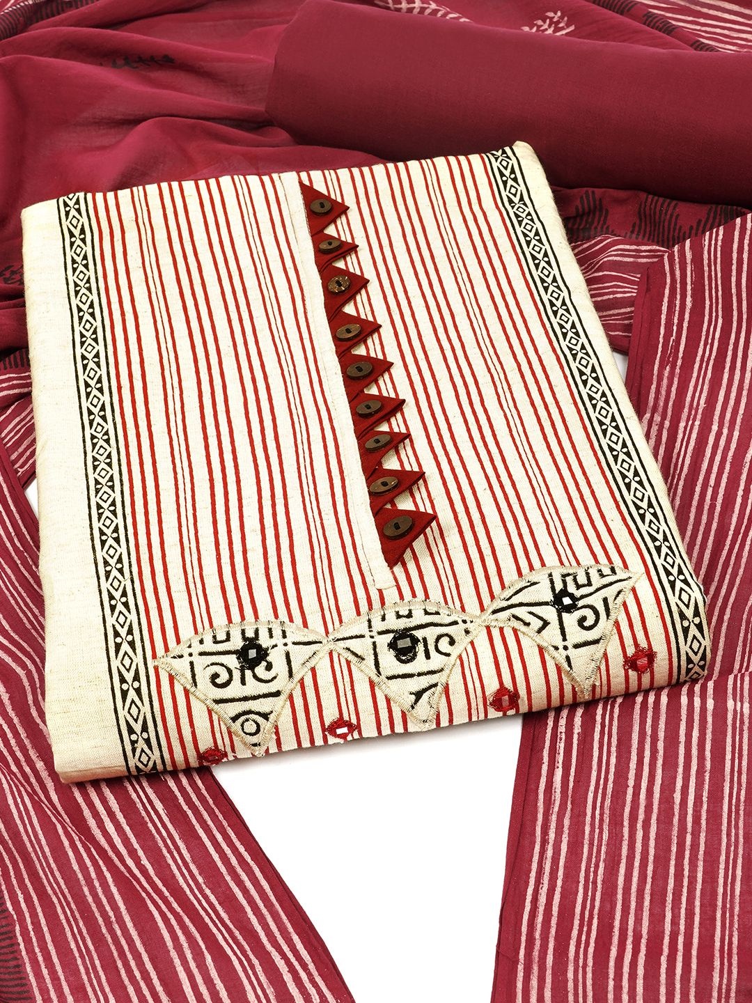

KAMI KUBI Geometric Embroidered Mirror Work Pure Cotton Unstitched Dress Material, Off white