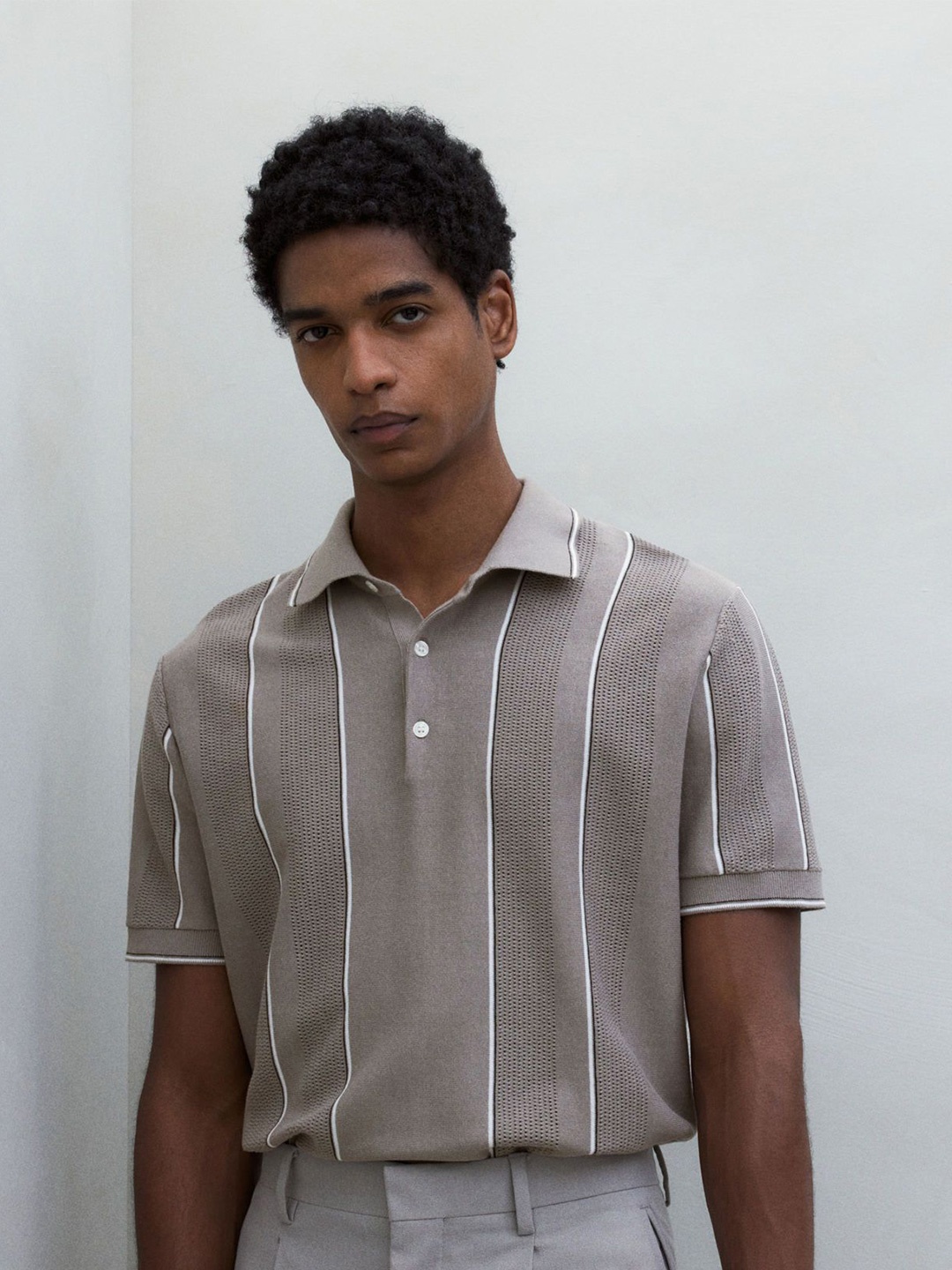 

H&M Regular Fit Pointelle-Knit Polo Shirt, Taupe