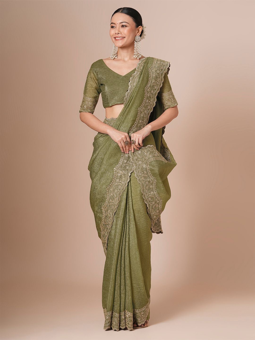 

House of Pataudi Beads and Stones Embroidered Saree With Blouse Piece, Olive