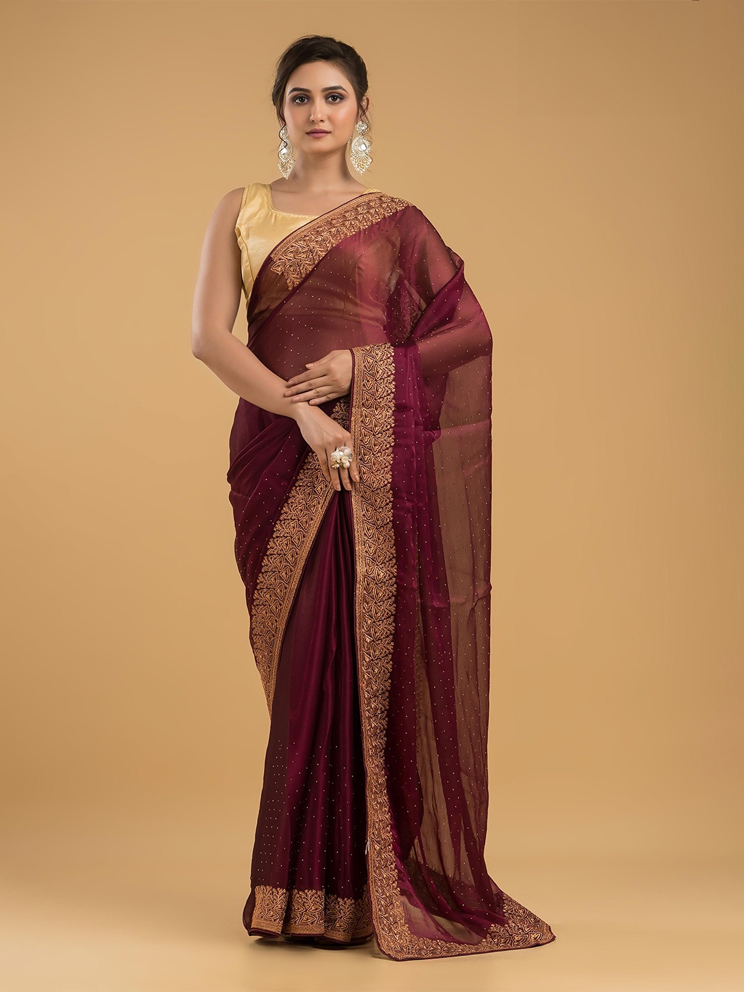 

Dheu Embellished Beads and Stones Pure Chiffon Saree, Red