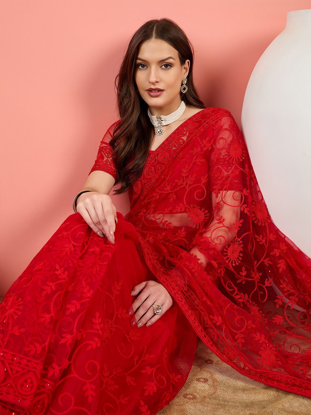 

Sangria Embroidered Net Saree With Unstitched Blouse, Red