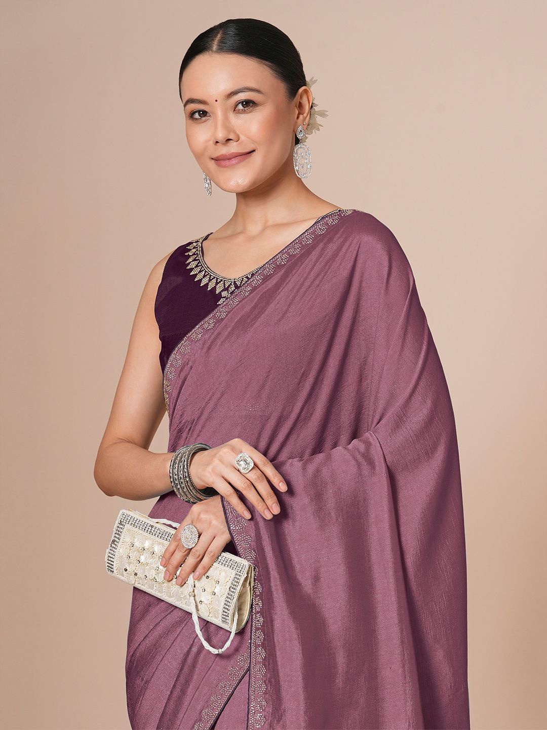 

House of Pataudi Embellished Saree With Blouse Piece, Mauve