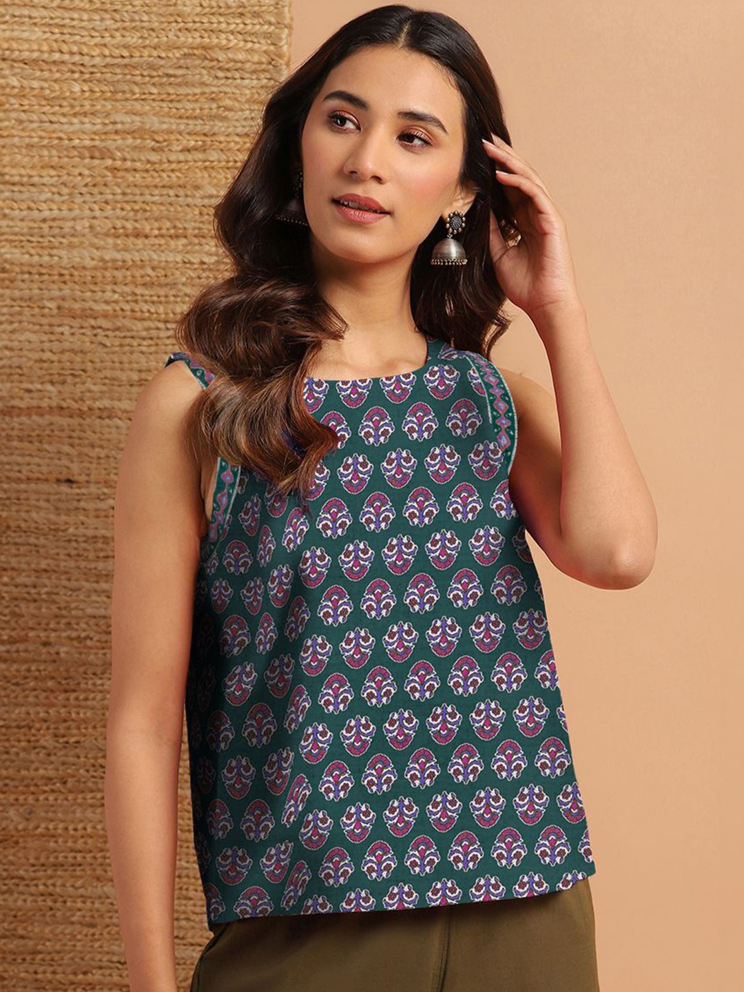 

Janasya Floral Print Cotton Top, Green