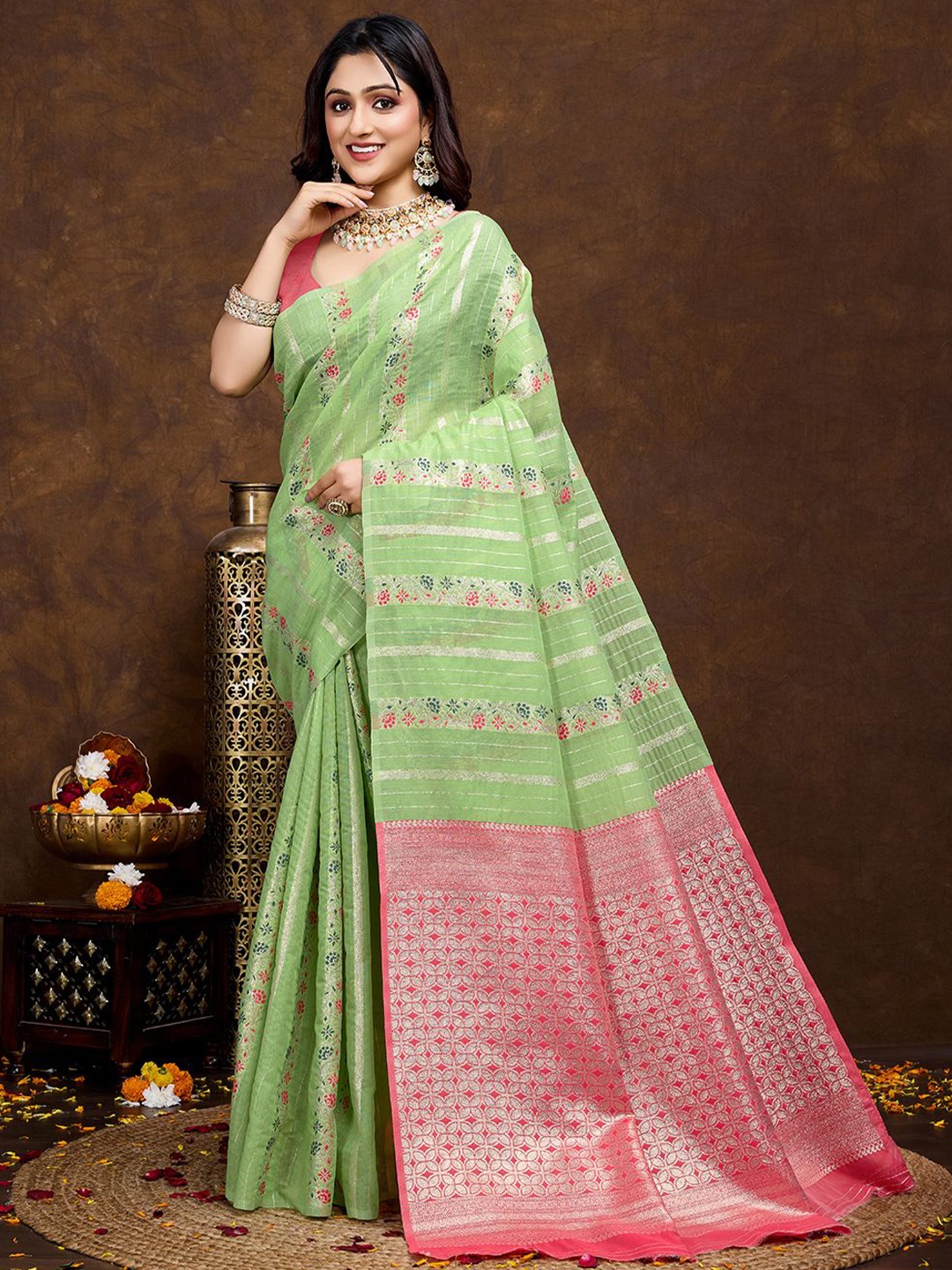 

bansari textiles Woven Design Zari Banarasi Saree, Lime green