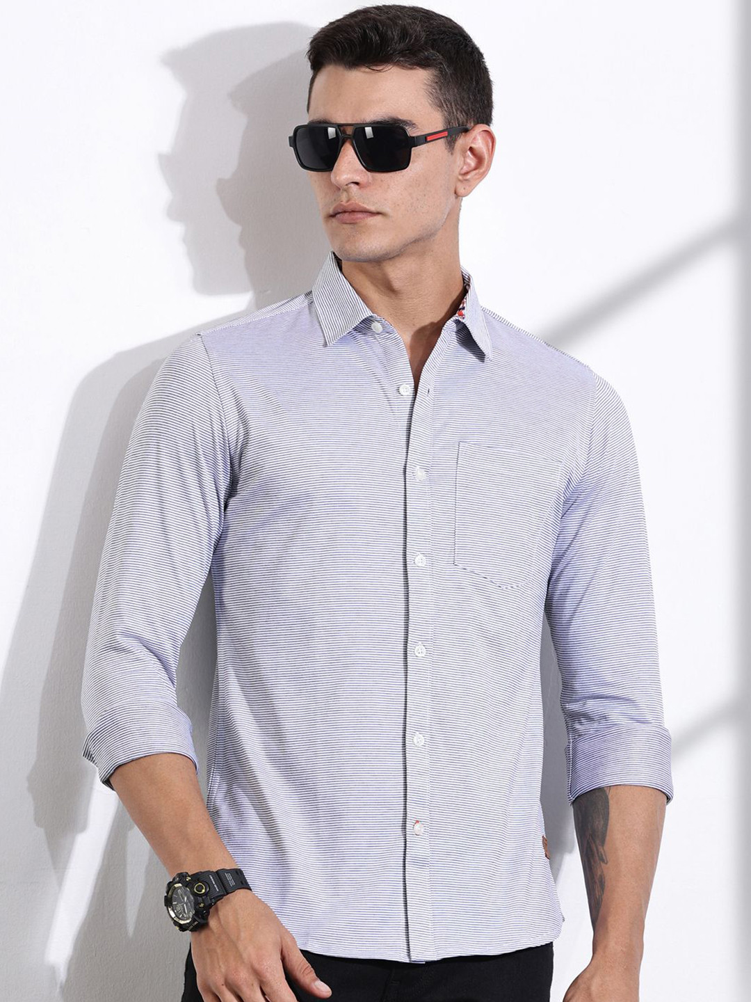 

Thomas Scott Men Classic Slim Fit Spread Collar Pinstripes Striped Cotton Casual Shirt, White