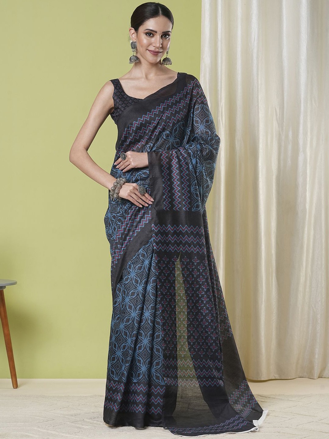 

KAYOMMI Silk Cotton Chanderi Saree, Blue