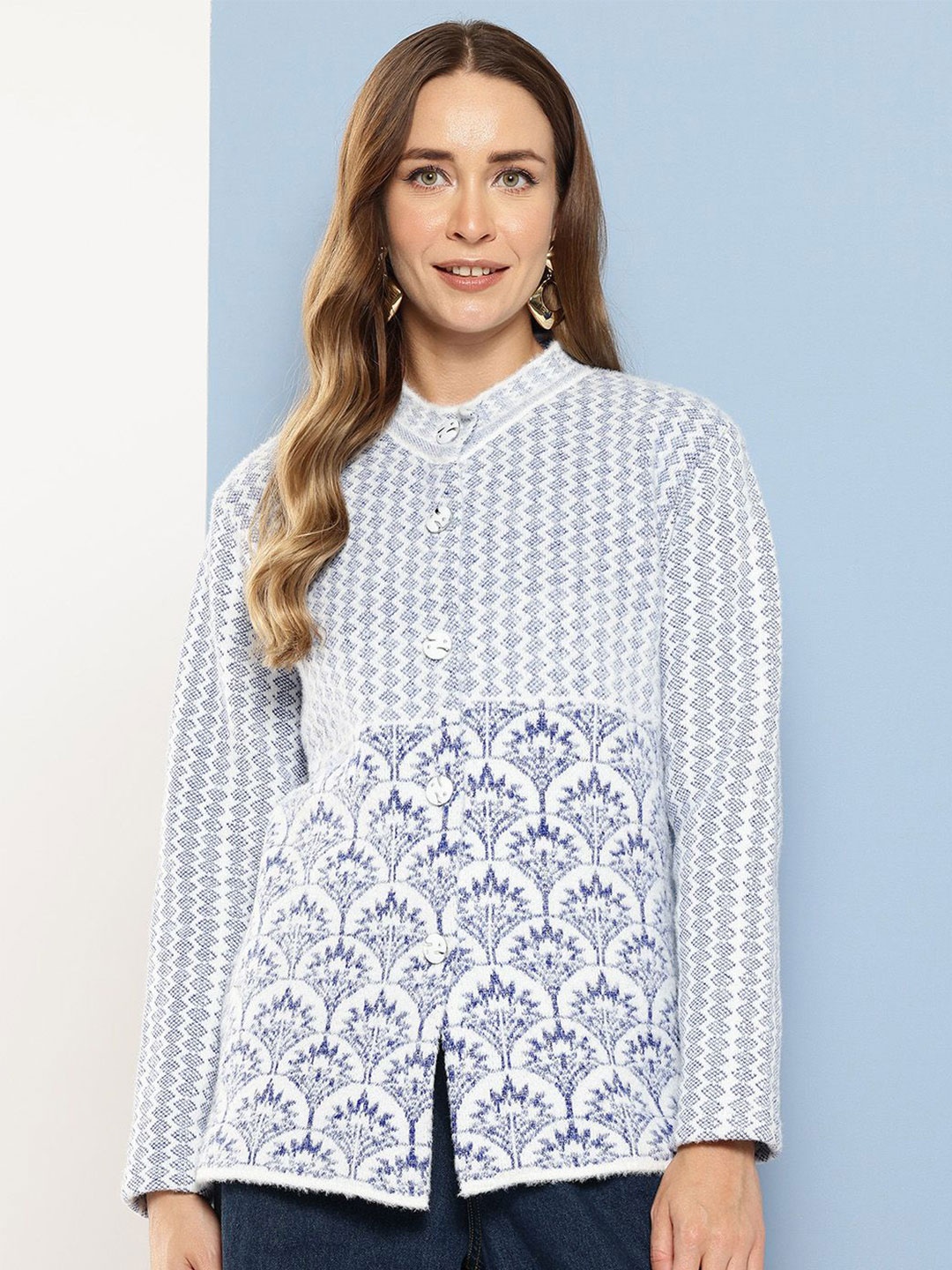 

BAESD Women Self Design Mock Collar Woollen Cardigan, Blue