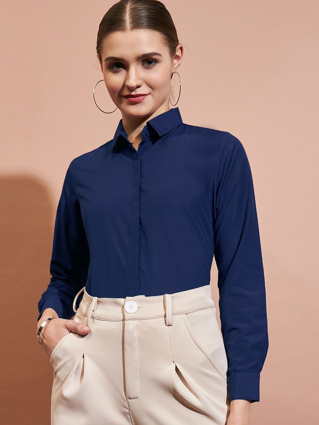 

DressBerry Women Slim Fit Spread Collar Solid Casual Shirt, Navy blue