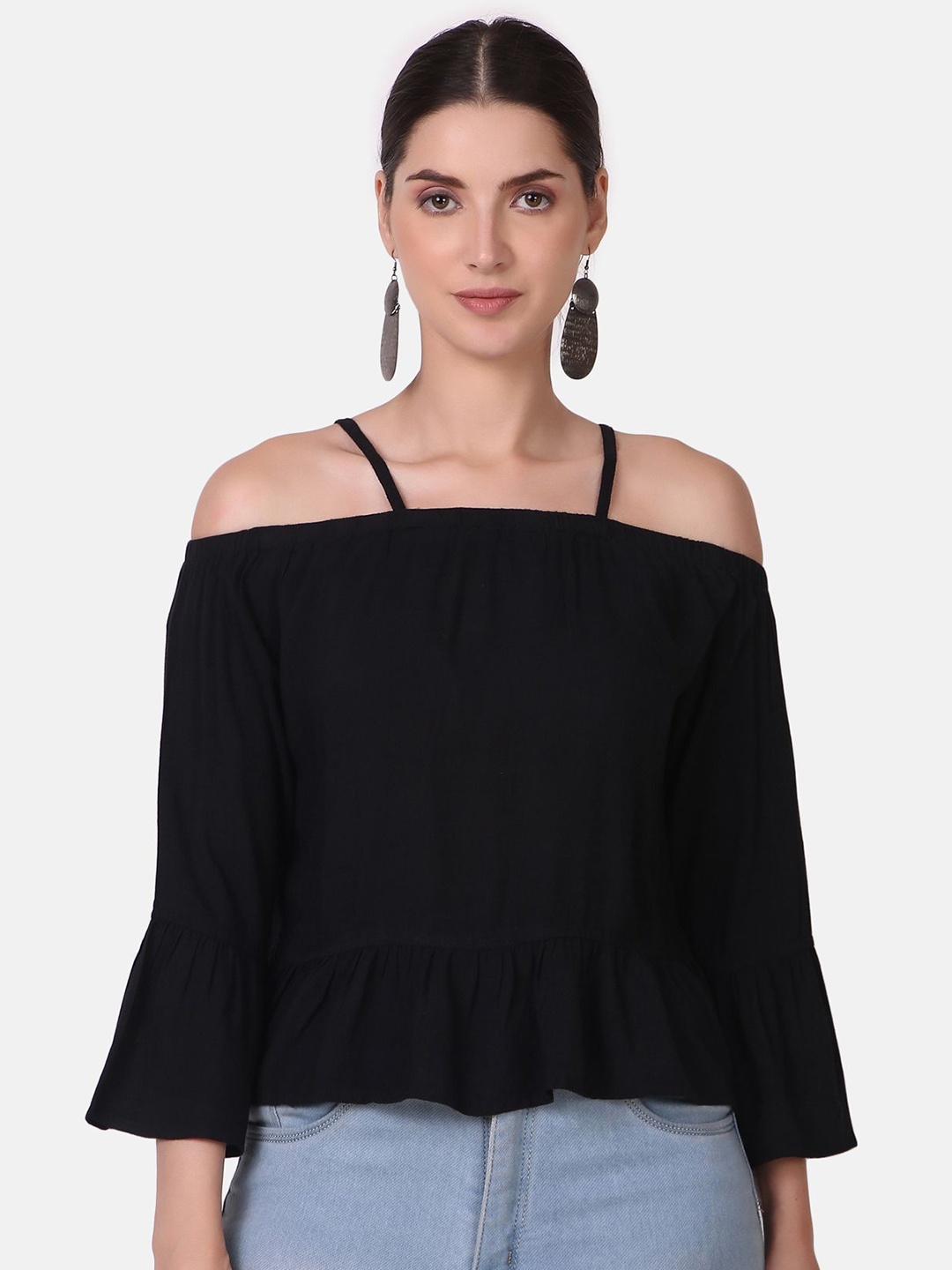 

Pose india Women Pure Cotton Bell Sleeve Bardot Top, Black