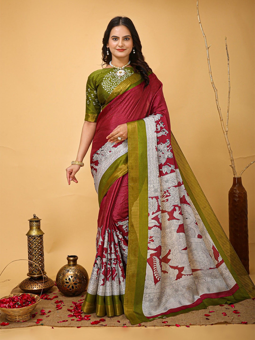 

LeeliPeeri Designer Kalamkari Printed Zari Saree, Red