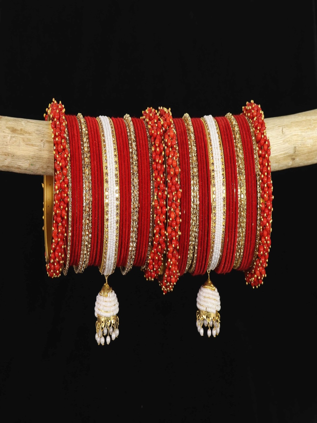 

ZULKA Set Of 54 Pearls-Beaded & Cubic Zircon-Studded Velvet Latkan Bangles, Gold