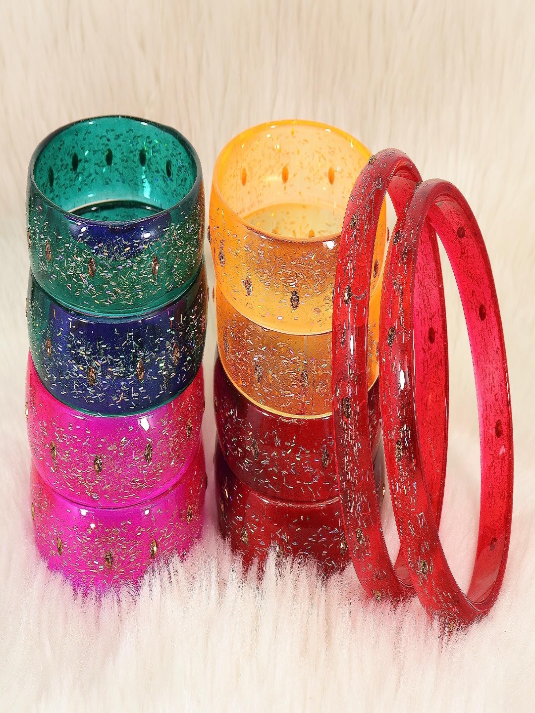 

ZULKA Set Of 10 Glass With Glitter & Feather Design Bangles, Red
