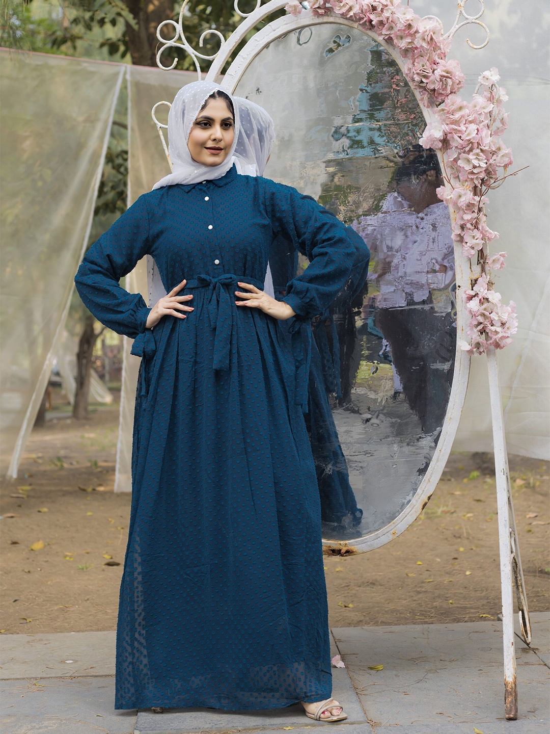

SARINKU Shirt Collar Puff Sleeve Georgette Fit & Flare Maxi Dress, Navy blue