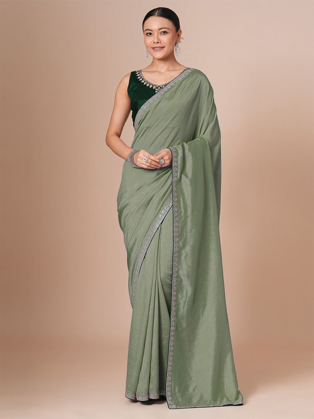 

House of Pataudi Embellished Saree With Blouse Piece, Green