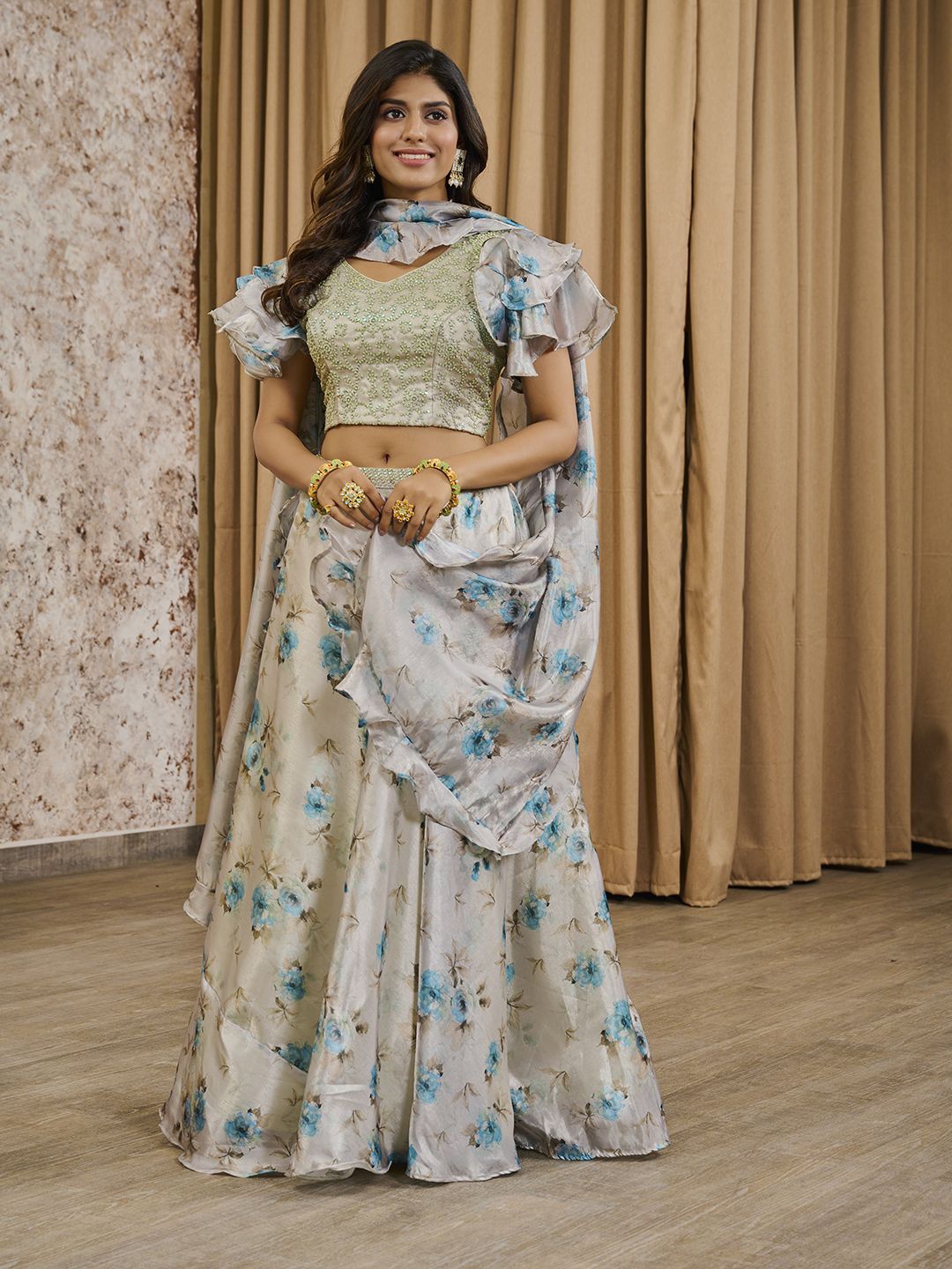 

Krimmple Embroidered Thread Work Ready to Wear Lehenga & Blouse With Dupatta, Green