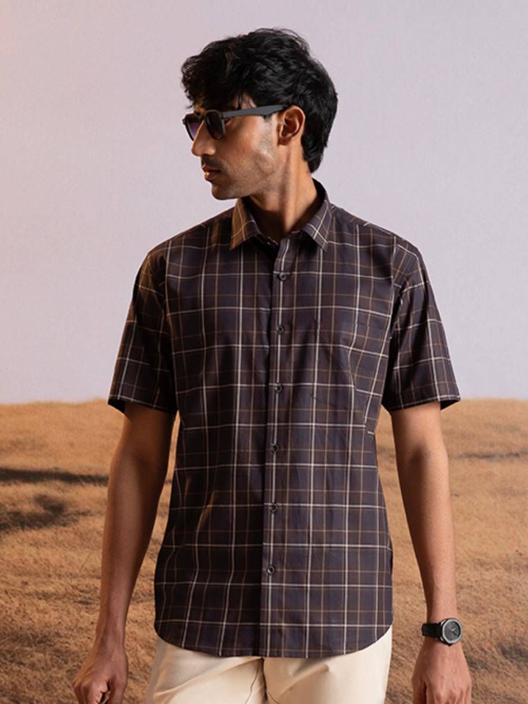 

Sero Men Smart Fit Spread Collar Tartan Checked Cotton Casual Shirt, Brown