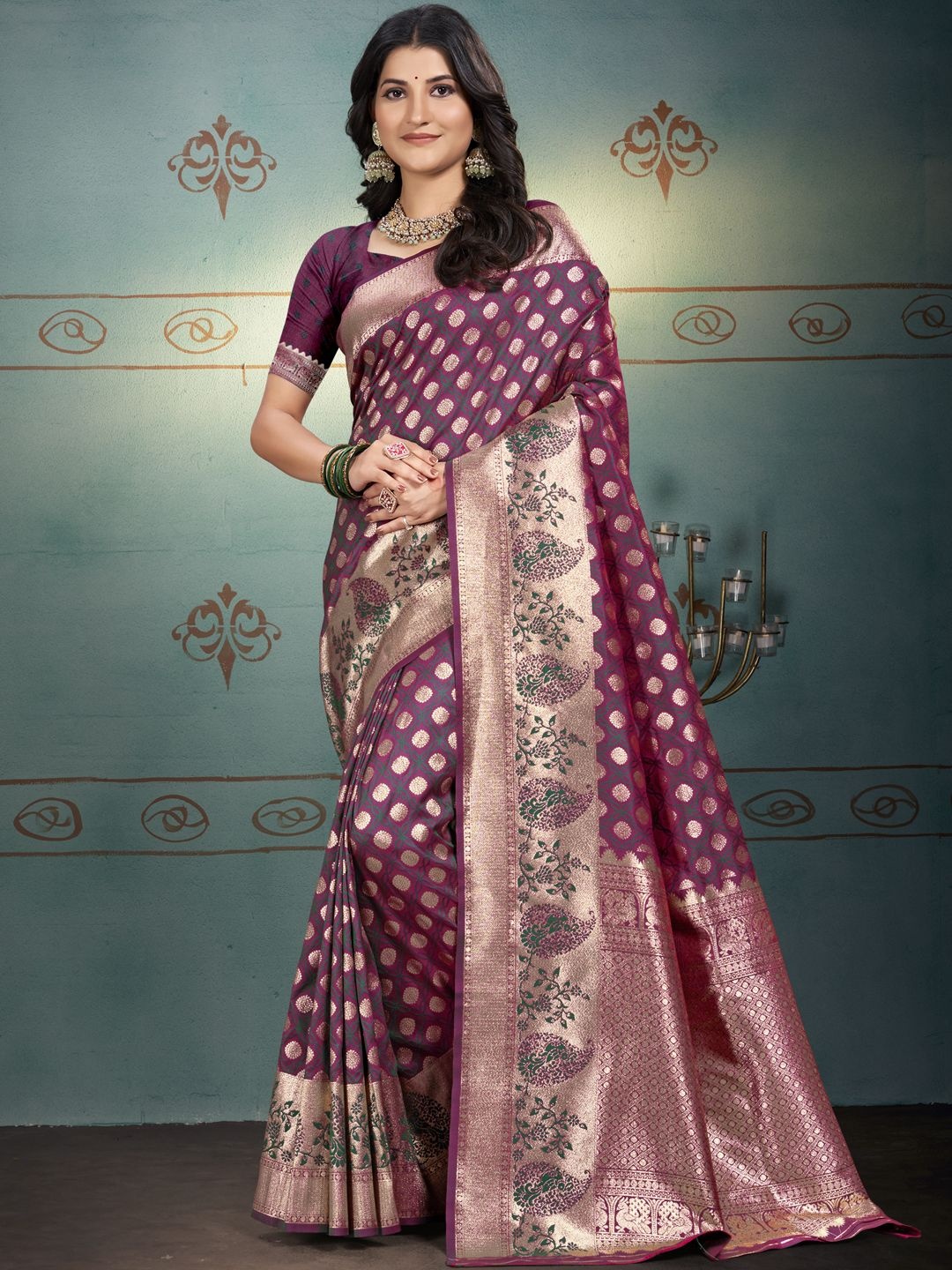 

SANGAM PRINTS Woven Design Zari Tussar Saree, Purple